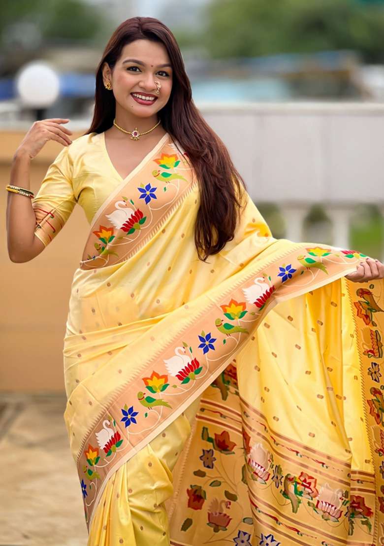Cream Woven Faux Paithani Silk Saree Set for Diwali | Wedding & Festive Wear - Indya