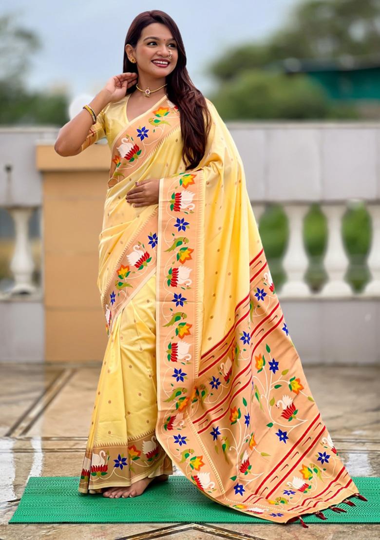 Cream Woven Faux Paithani Silk Saree Set - Indya