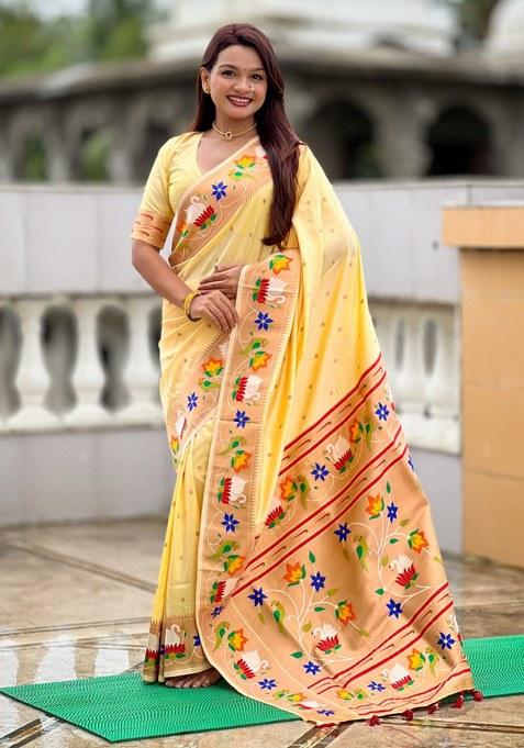 Cream Woven Faux Paithani Silk Saree Set