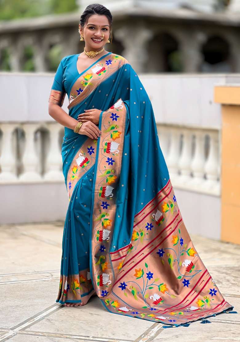 Blue Woven Faux Paithani Silk Saree Set for Diwali | Wedding & Festive Wear - Indya