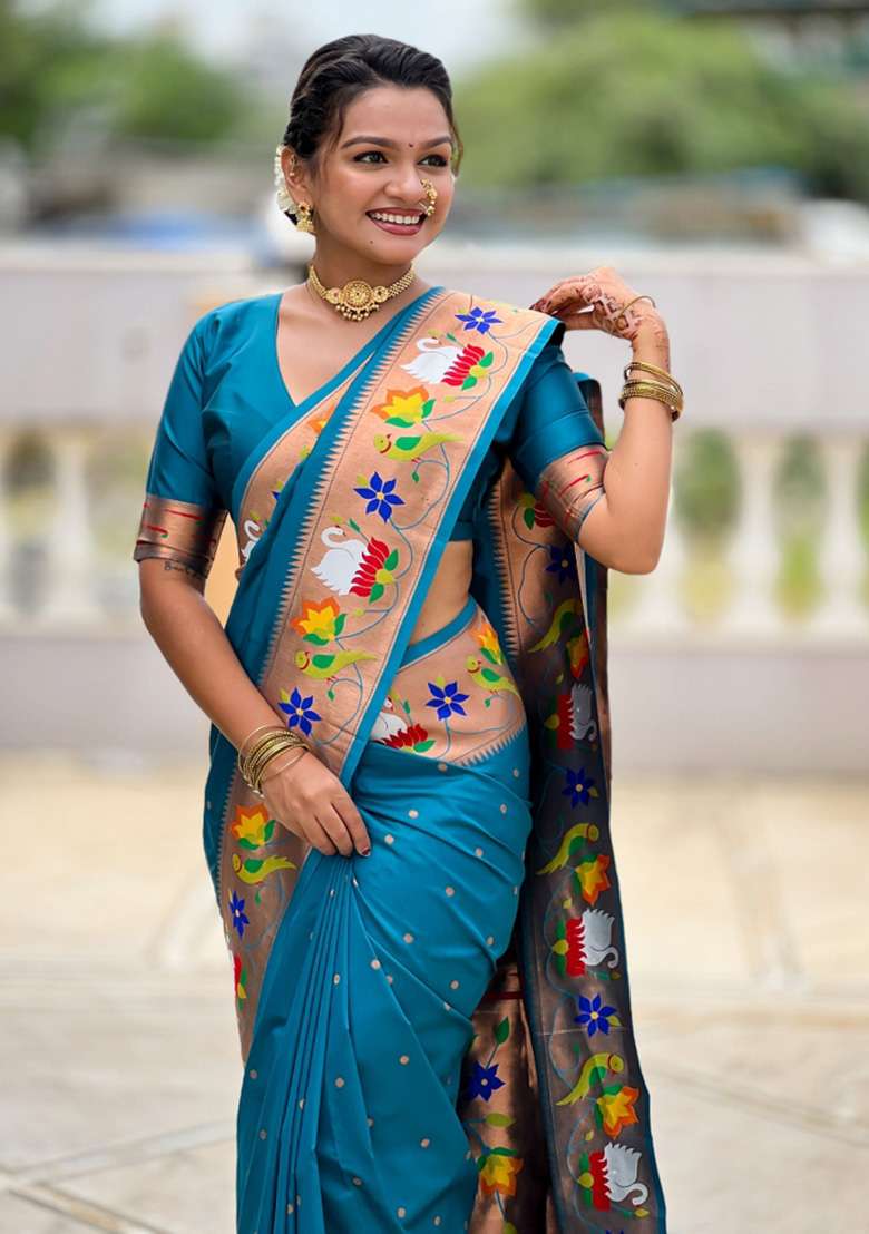Blue Woven Faux Paithani Silk Saree Set for Diwali | Wedding & Festive Wear - Indya