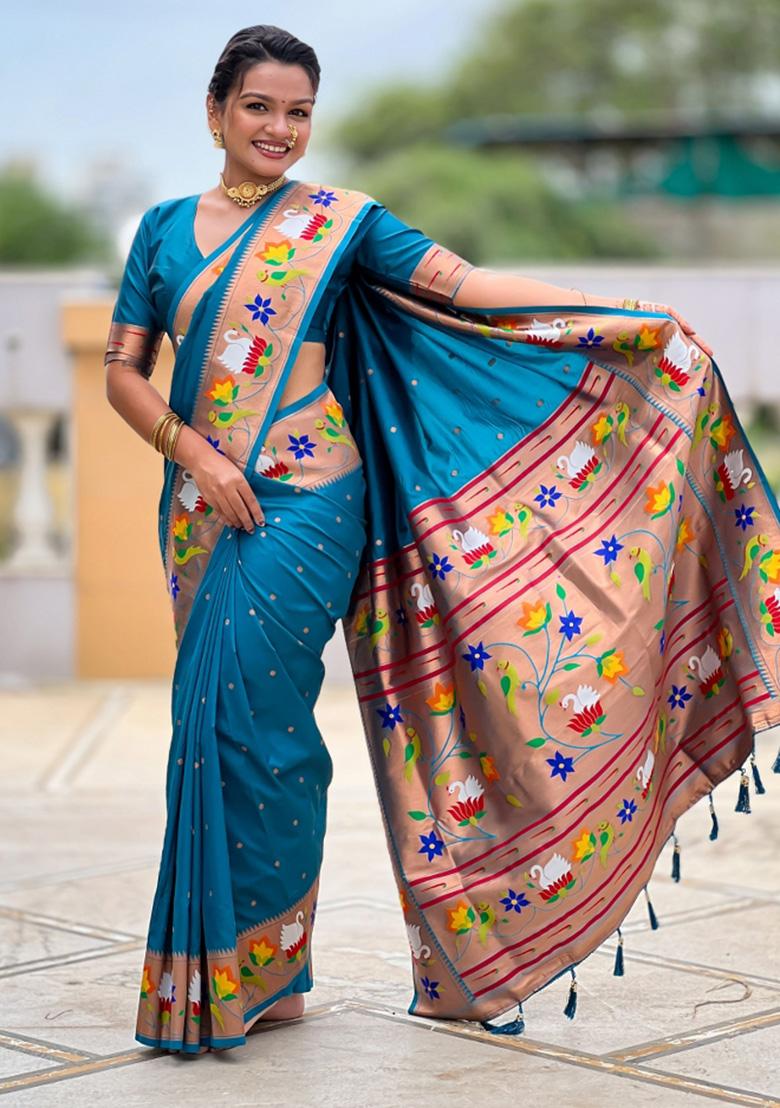 Blue Woven Faux Paithani Silk Saree Set - Indya