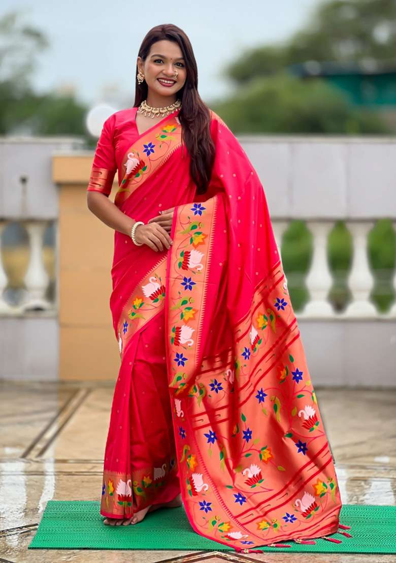 Red Woven Faux Paithani Silk Saree Set for Diwali | Wedding & Festive Wear - Indya