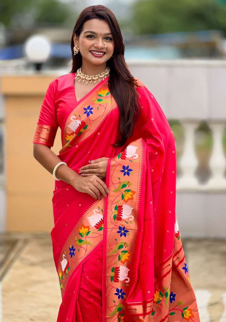 Red Woven Faux Paithani Silk Saree Set for Diwali | Wedding & Festive Wear - Indya