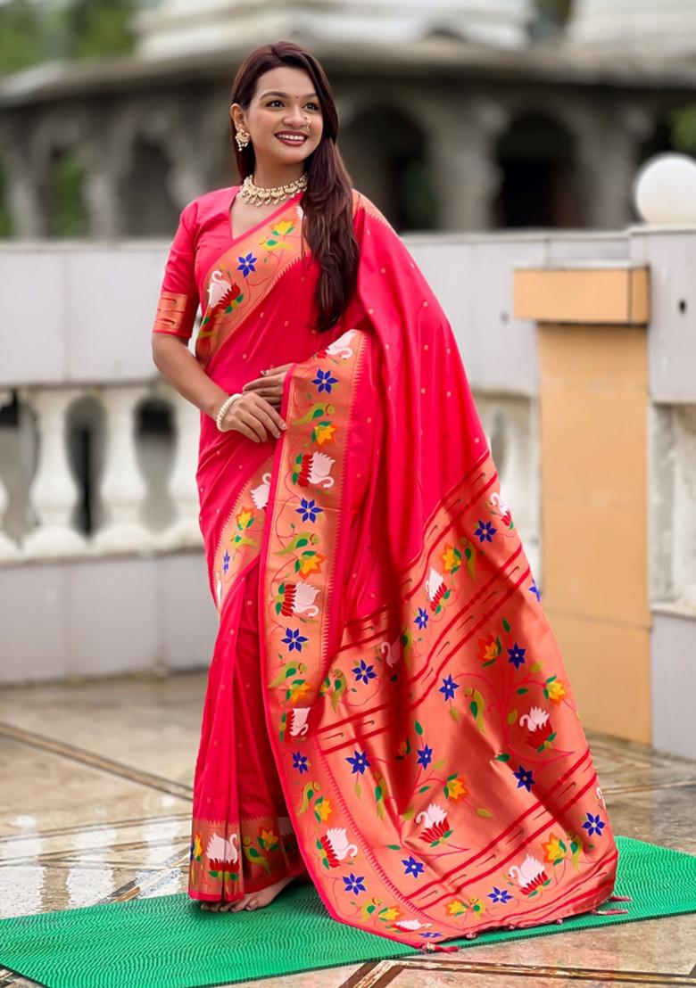 Red Woven Faux Paithani Silk Saree Set - Indya
