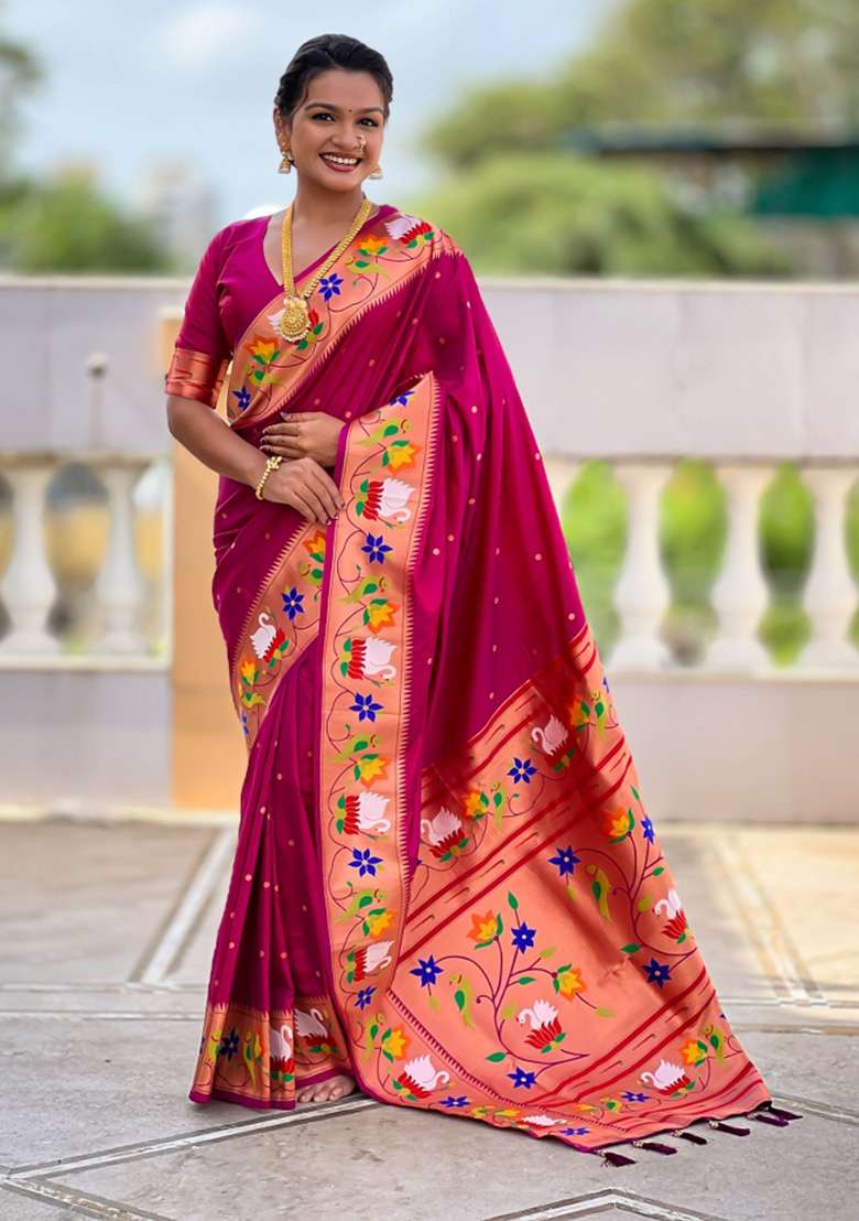 Magenta Woven Faux Paithani Silk Saree Set for Diwali and Festive Wear - Indya