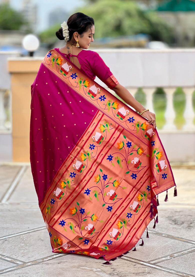 Magenta Woven Faux Paithani Silk Saree Set - Indya