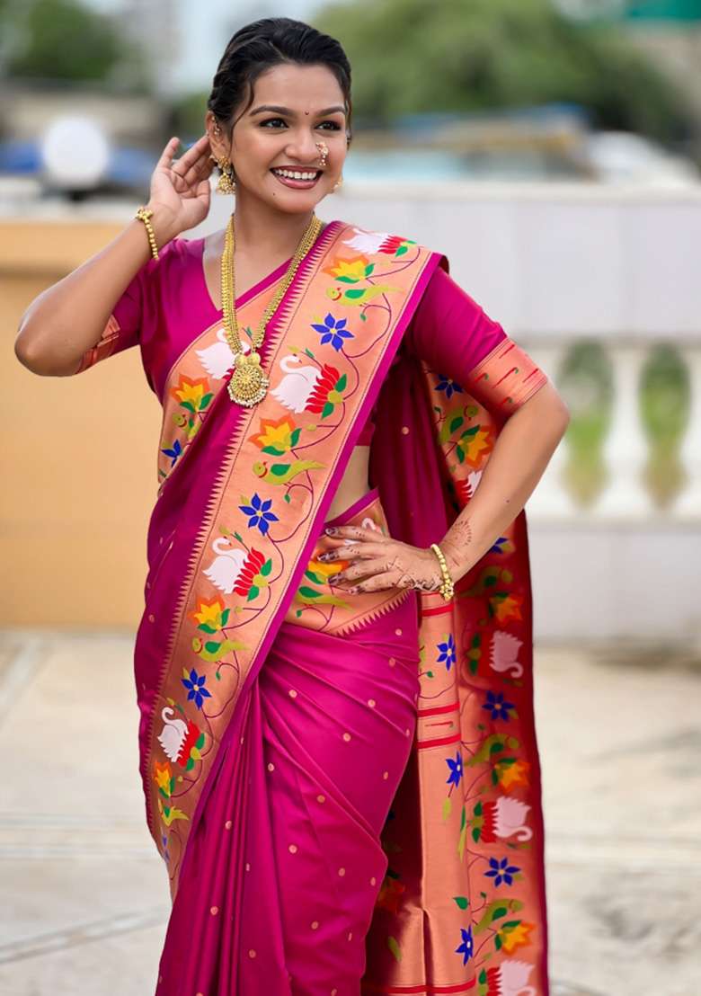 Magenta Woven Faux Paithani Silk Saree Set for Diwali and Festive Wear - Indya