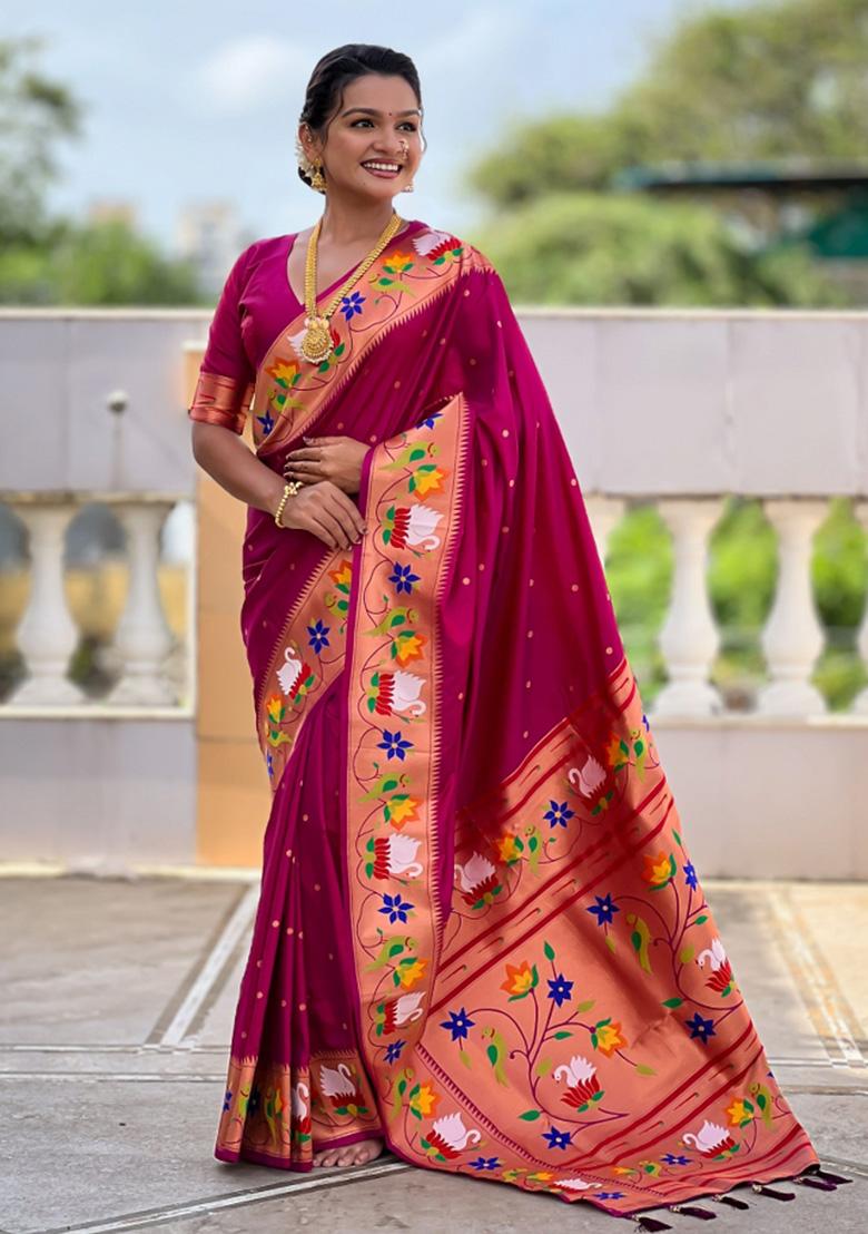 Magenta Woven Faux Paithani Silk Saree Set - Indya