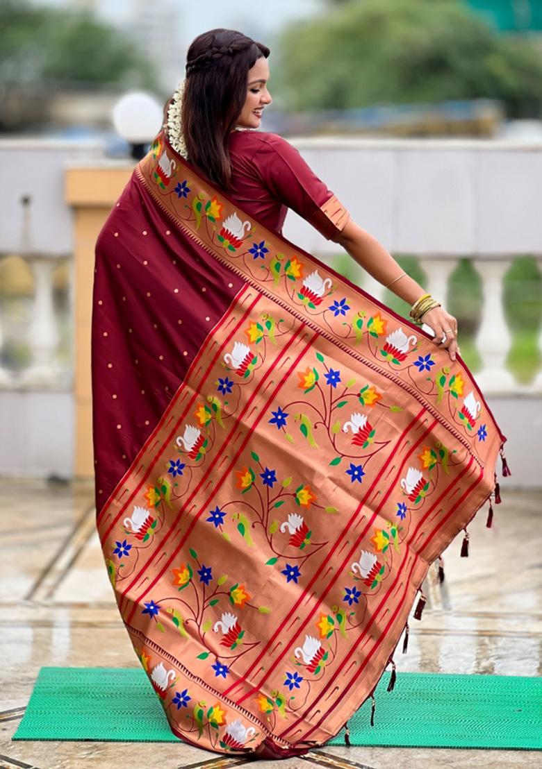 Maroon Woven Faux Paithani Silk Saree Set - Indya