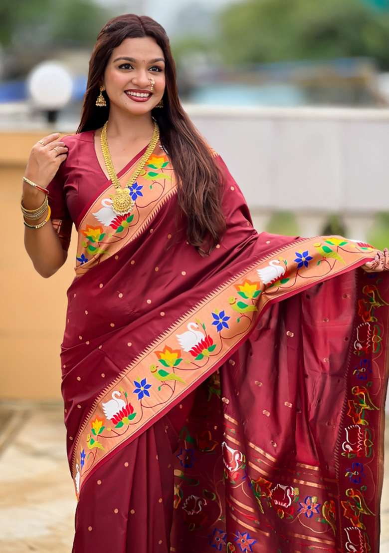 Maroon Woven Faux Paithani Silk Saree Set for Diwali | Wedding & Festive Wear - Indya