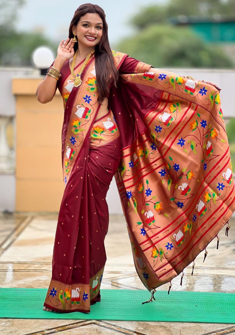 Maroon Woven Faux Paithani Silk Saree Set - Indya