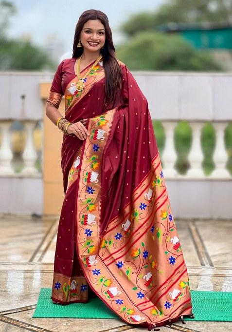Maroon Woven Faux Paithani Silk Saree Set