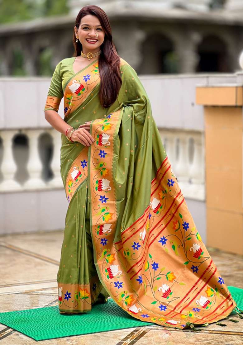 Green Woven Faux Paithani Silk Saree Set for Diwali | Wedding & Festive Wear - Indya