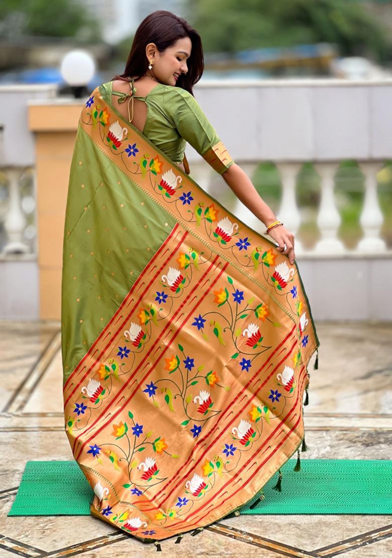 Green Woven Faux Paithani Silk Saree Set - Indya