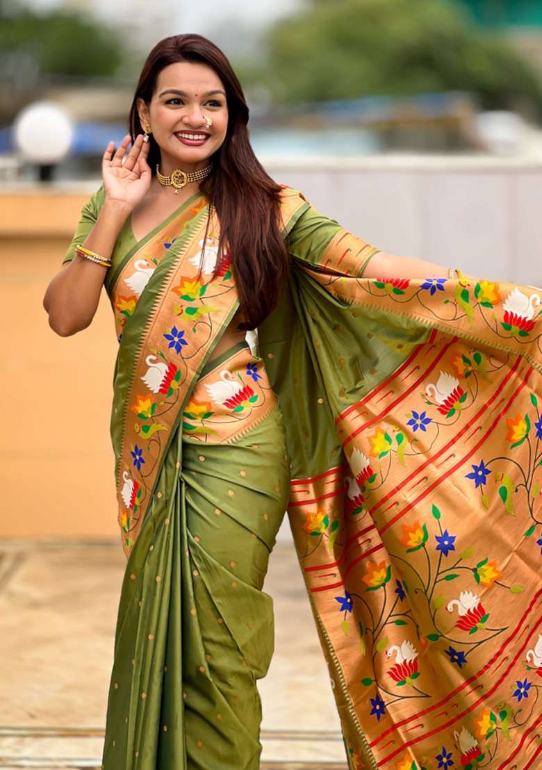 Green Woven Faux Paithani Silk Saree Set for Diwali | Wedding & Festive Wear - Indya