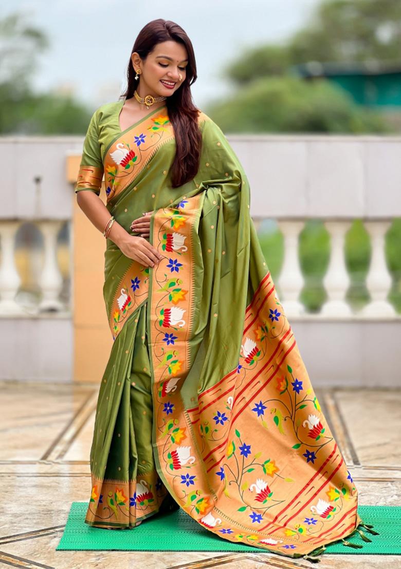 Green Woven Faux Paithani Silk Saree Set - Indya