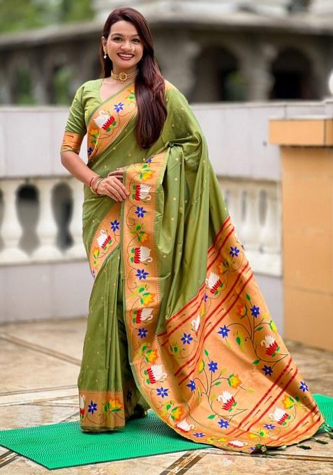 Green Woven Faux Paithani Silk Saree Set
