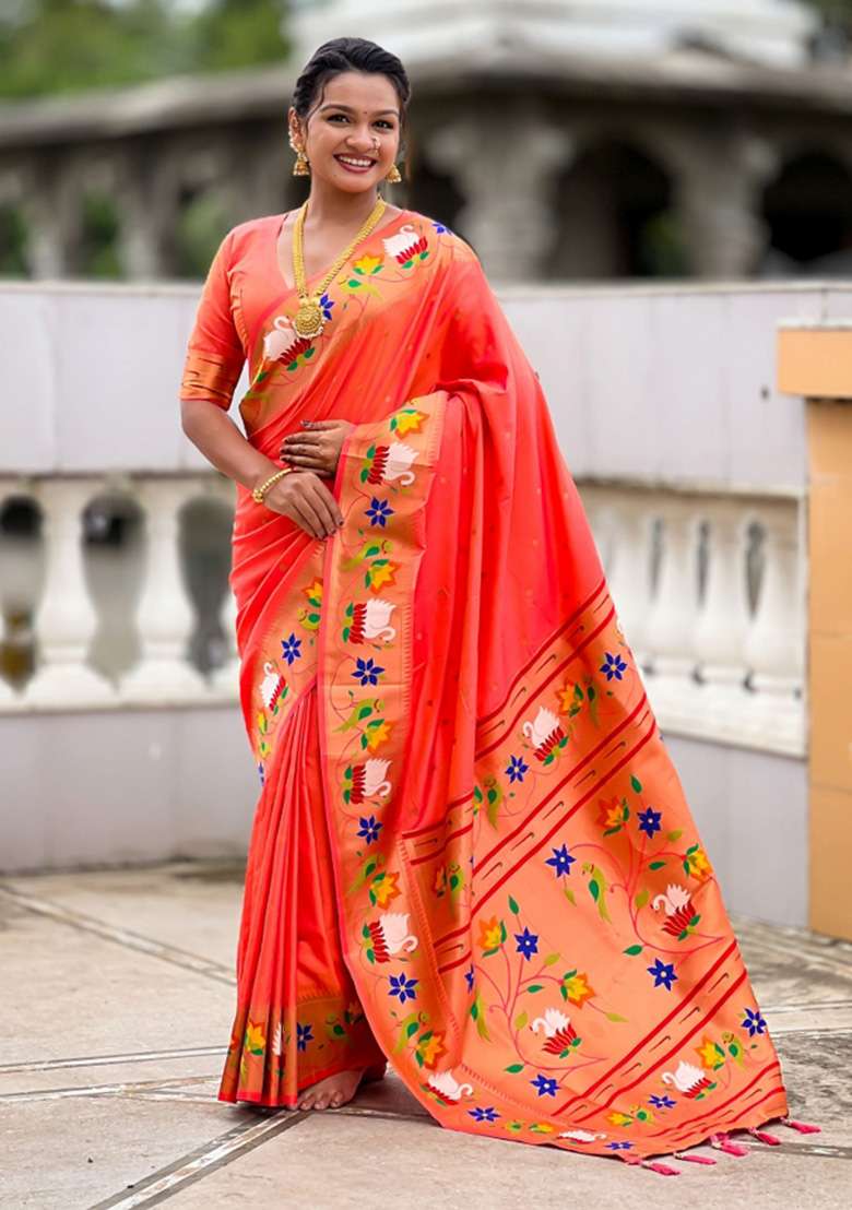 Orange Woven Faux Paithani Silk Saree Set for Diwali and Festive Wear - Indya
