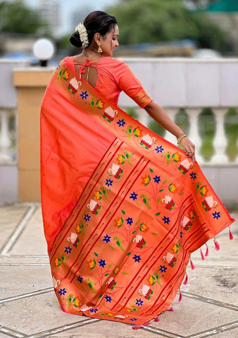 Orange Woven Faux Paithani Silk Saree Set - Indya