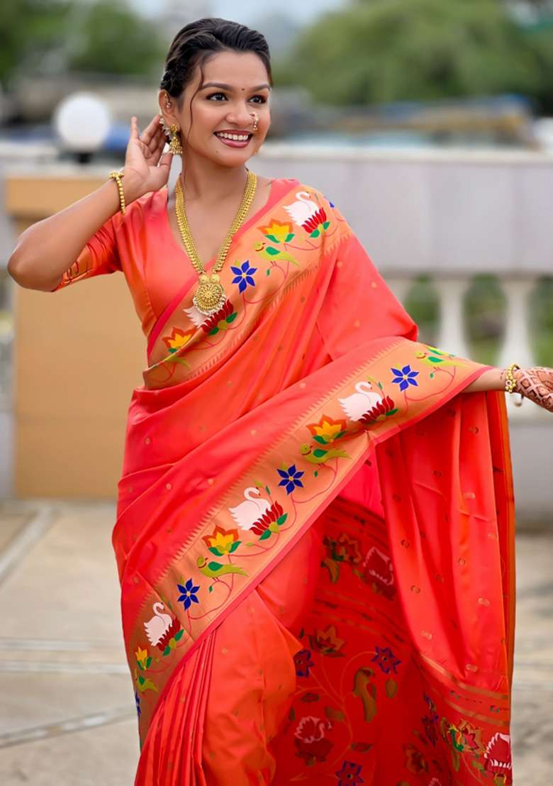 Orange Woven Faux Paithani Silk Saree Set for Diwali and Festive Wear - Indya