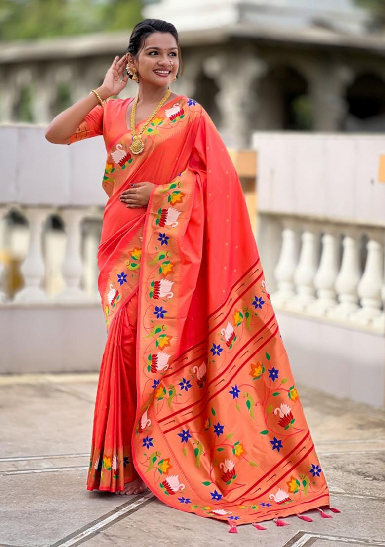 Orange Woven Faux Paithani Silk Saree Set - Indya