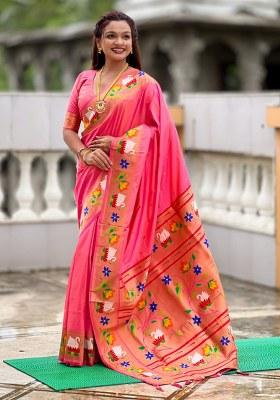 Pink Woven Faux Paithani Silk Saree Set