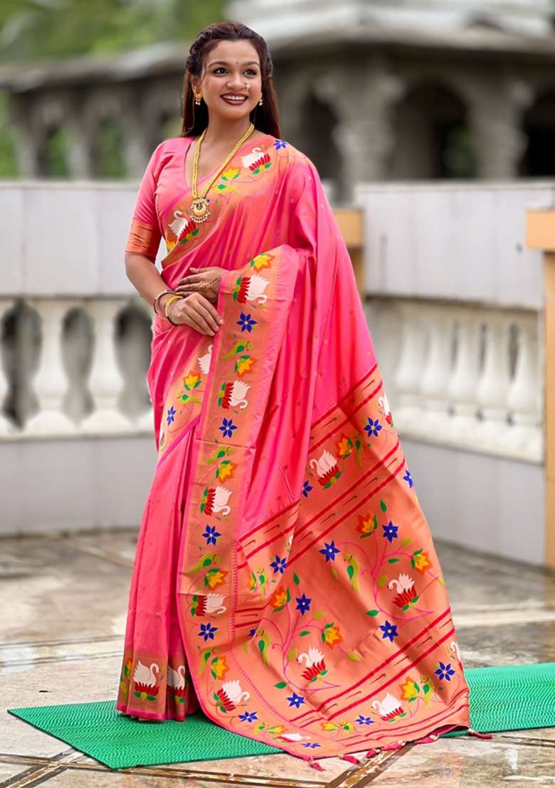 Pink Woven Faux Paithani Silk Saree Set for Diwali | Wedding & Festive Wear - Indya