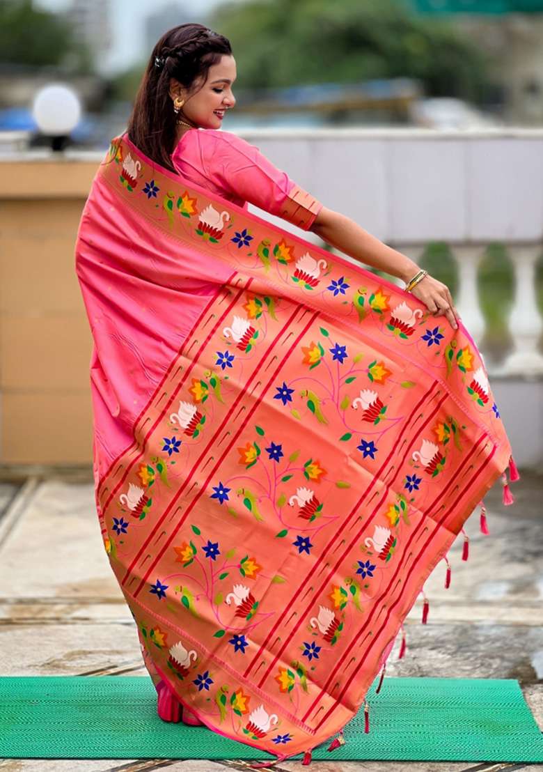 Pink Woven Faux Paithani Silk Saree Set for Diwali | Wedding & Festive Wear - Indya