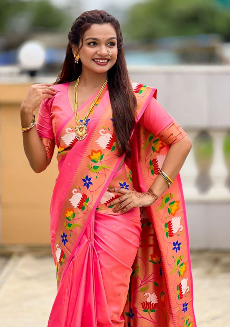 Pink Woven Faux Paithani Silk Saree Set for Diwali | Wedding & Festive Wear - Indya