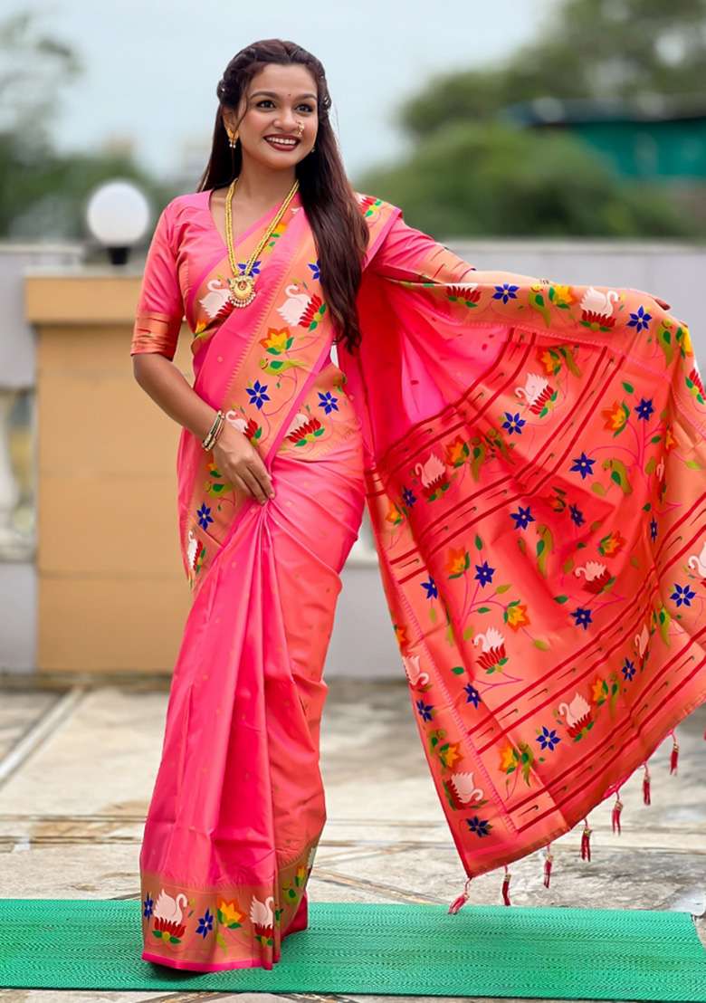Pink Woven Faux Paithani Silk Saree Set for Diwali | Wedding & Festive Wear - Indya