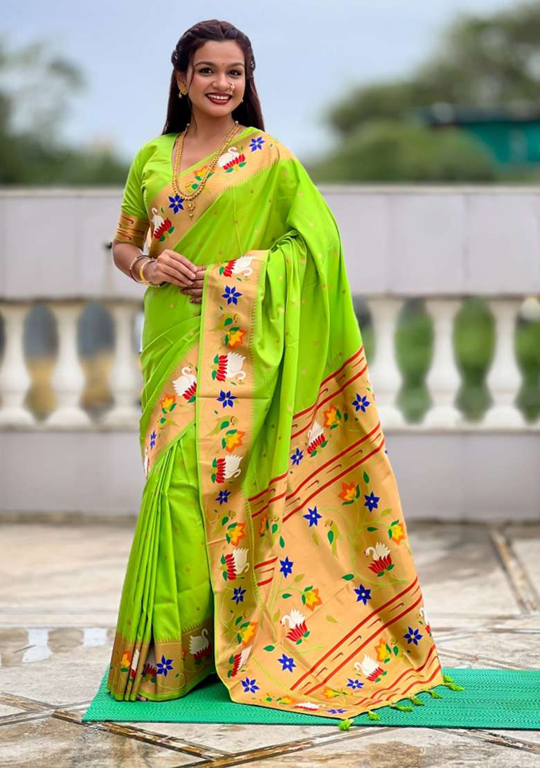 Green Woven Faux Paithani Silk Saree Set for Diwali | Wedding & Festive Wear - Indya