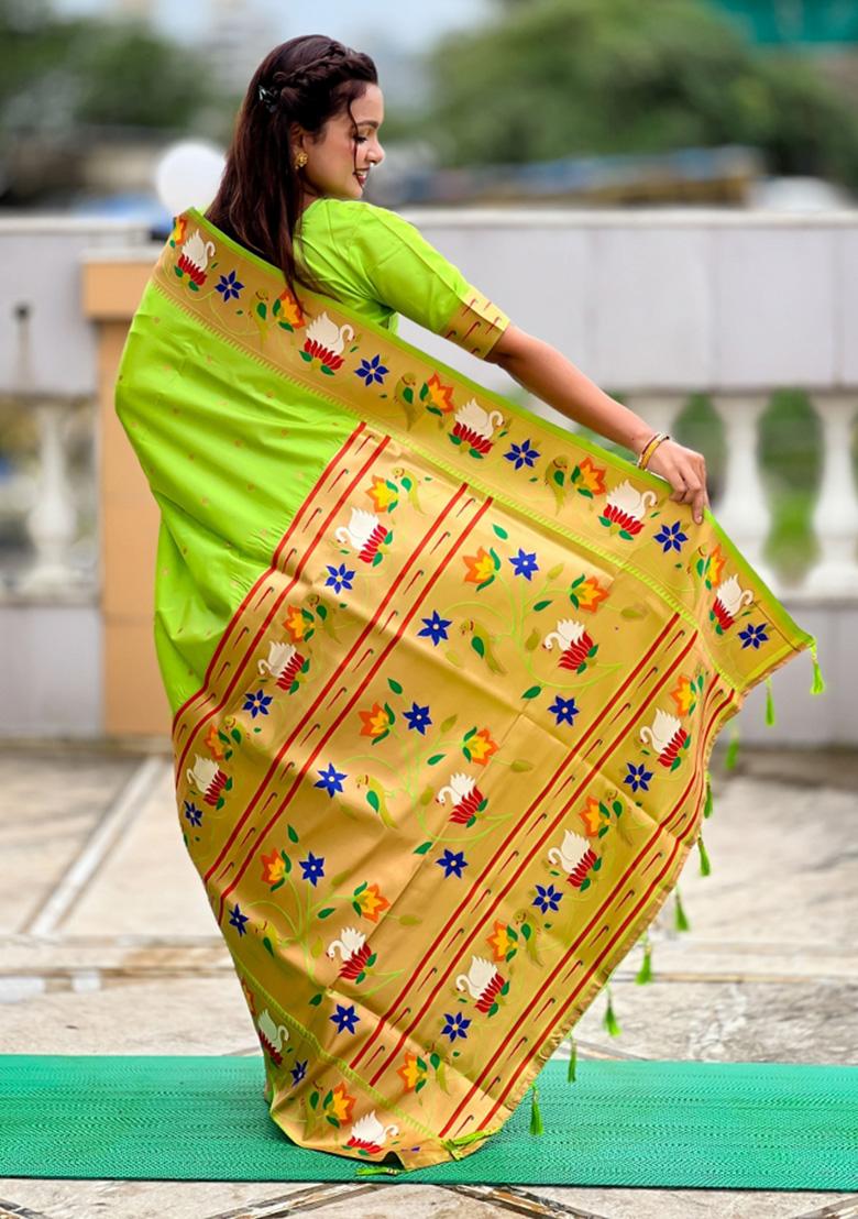 Green Woven Faux Paithani Silk Saree Set - Indya