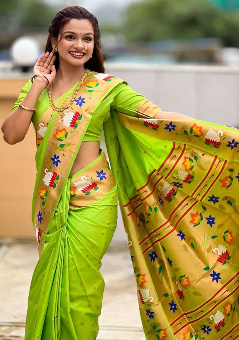 Green Woven Faux Paithani Silk Saree Set for Diwali | Wedding & Festive Wear - Indya