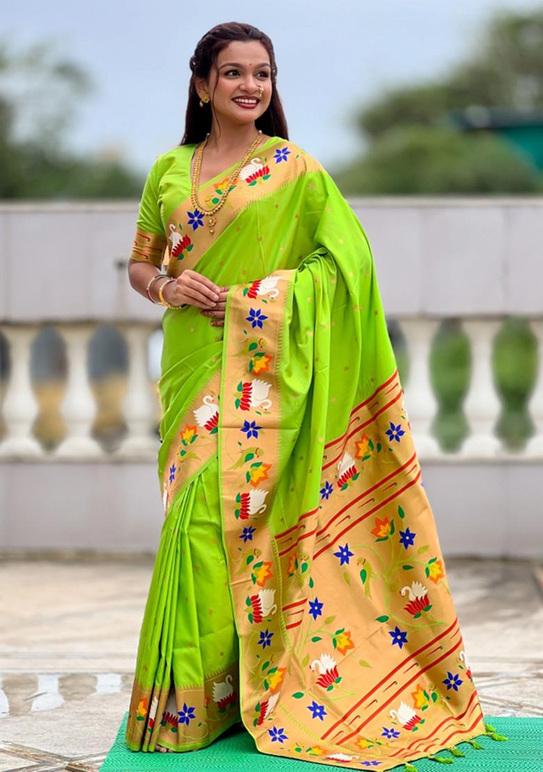 Green Woven Faux Paithani Silk Saree Set - Indya
