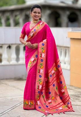 Pink Woven Faux Paithani Silk Saree Set