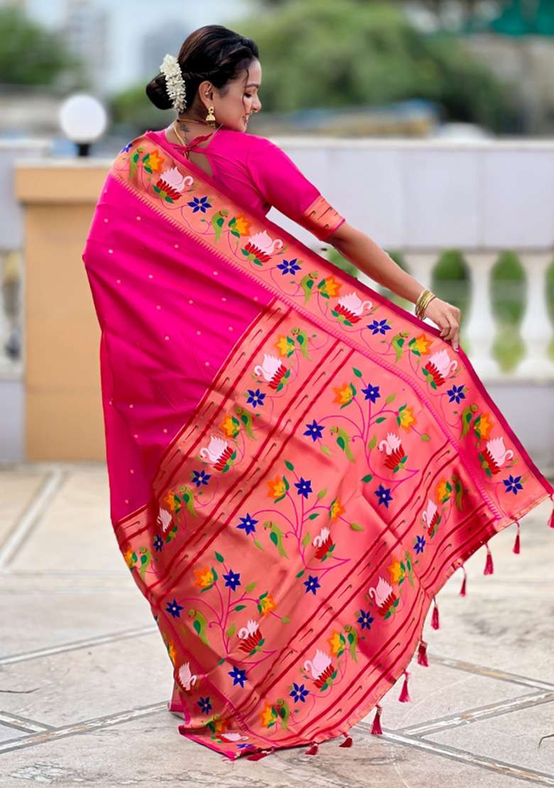 Pink Woven Faux Paithani Silk Saree Set for Diwali and Festive Wear - Indya