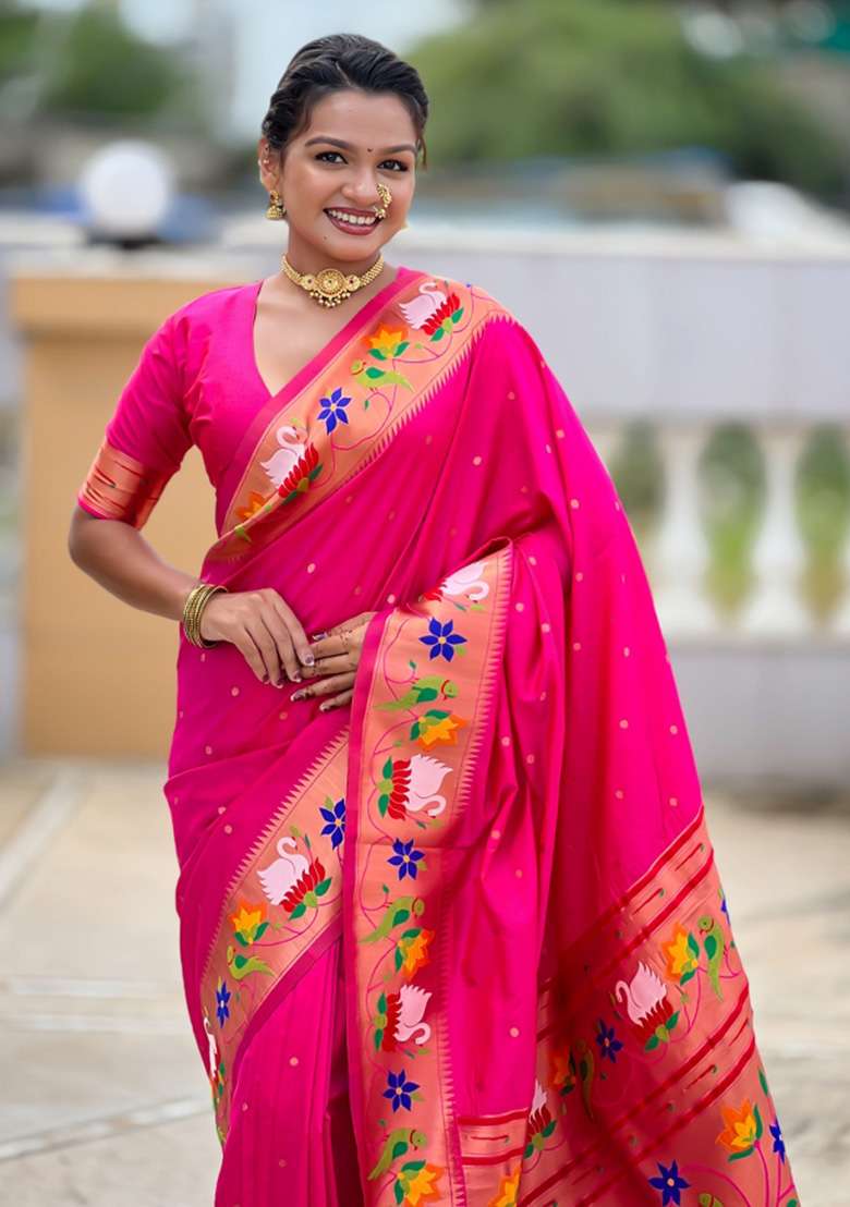 Pink Woven Faux Paithani Silk Saree Set for Diwali and Festive Wear - Indya