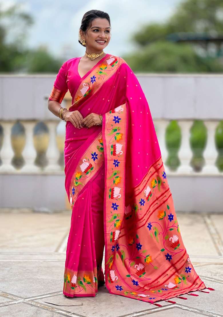 Pink Woven Faux Paithani Silk Saree Set for Diwali and Festive Wear - Indya