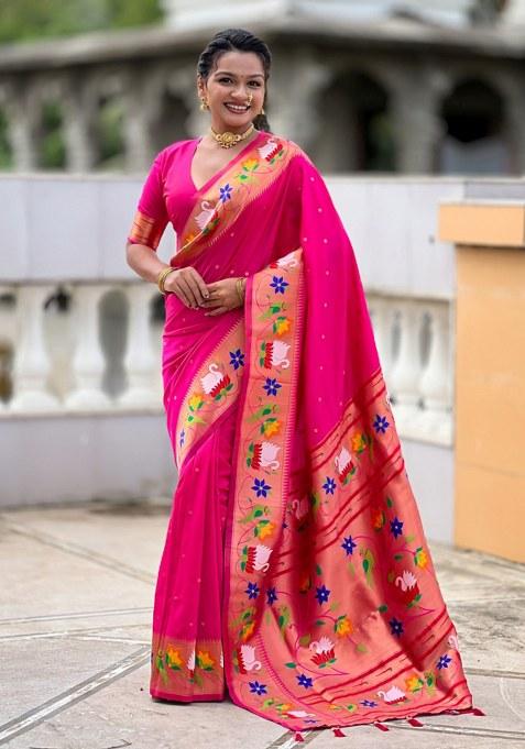 Pink Woven Faux Paithani Silk Saree Set
