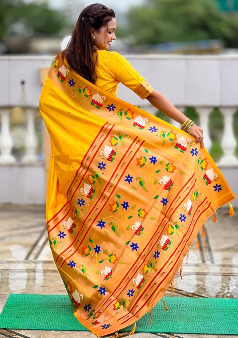 Yellow Woven Faux Paithani Silk Saree Set - Indya