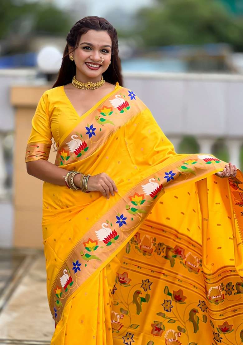 Yellow Woven Faux Paithani Silk Saree Set for Diwali and Festive Wear - Indya