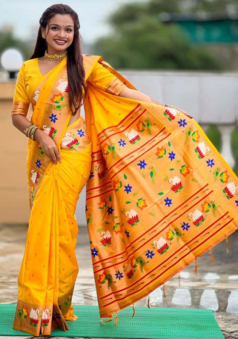 Yellow Woven Faux Paithani Silk Saree Set - Indya