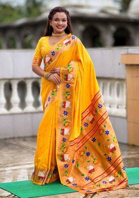 Yellow Woven Faux Paithani Silk Saree Set