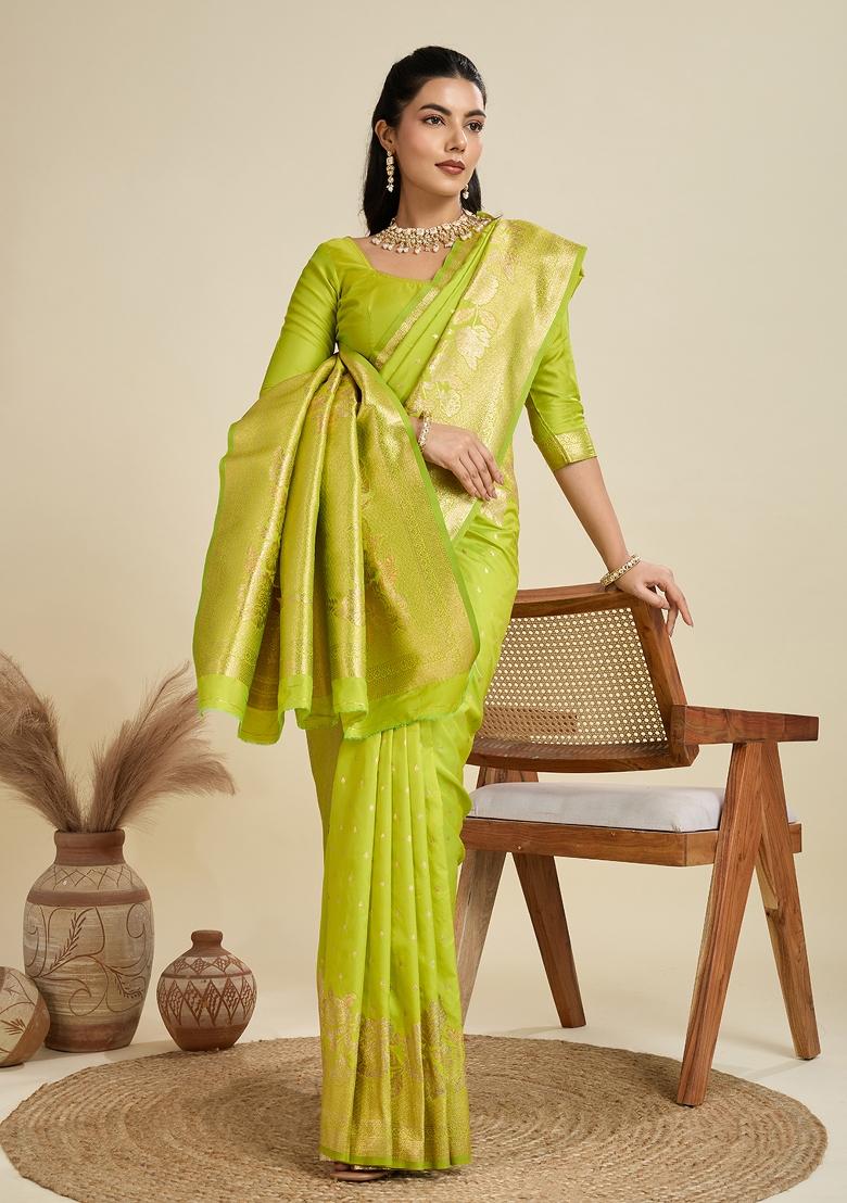 Green Woven Art Silk Saree Set - Indya