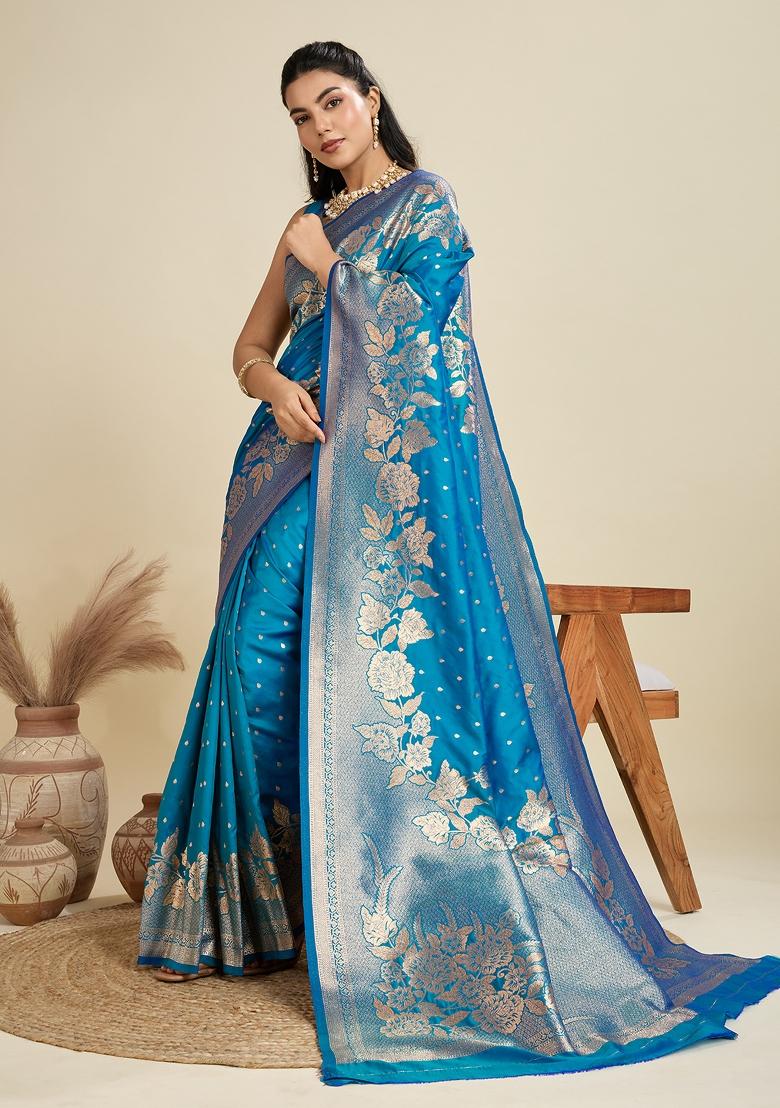 Teal Woven Art Silk Saree Set - Indya