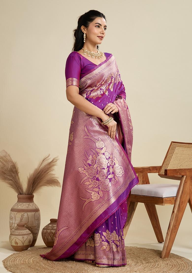 Purple Woven Art Silk Saree Set - Indya