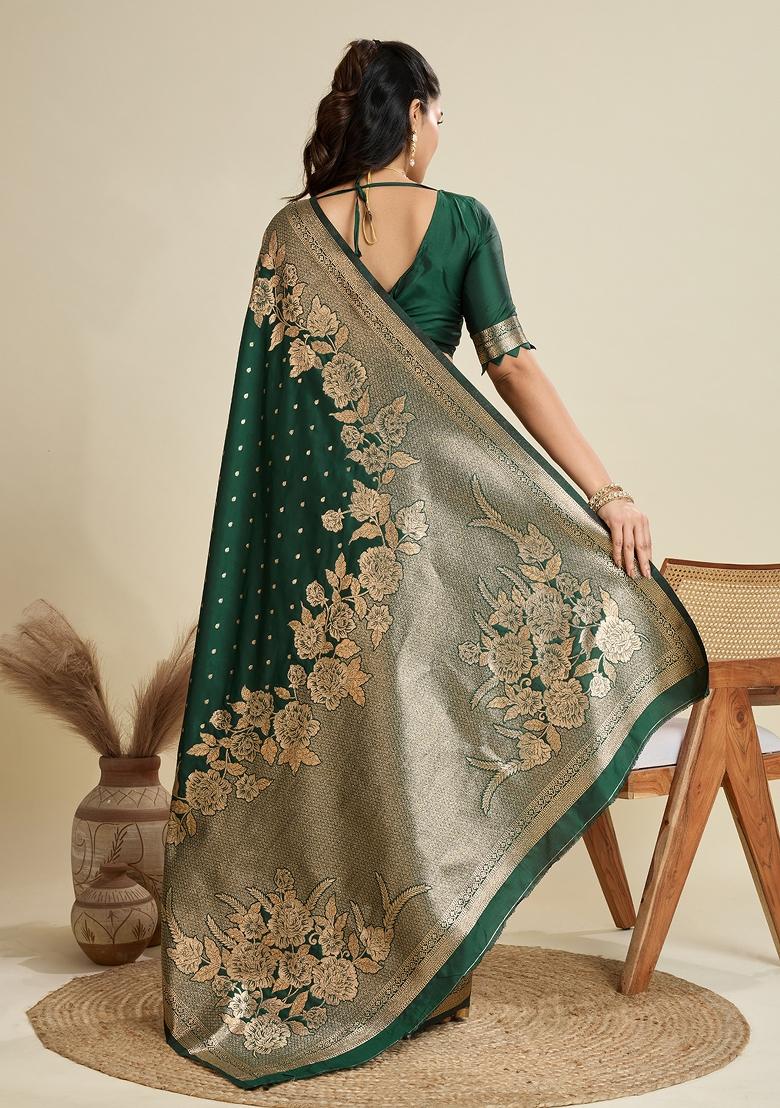 Green Woven Art Silk Saree Set - Indya