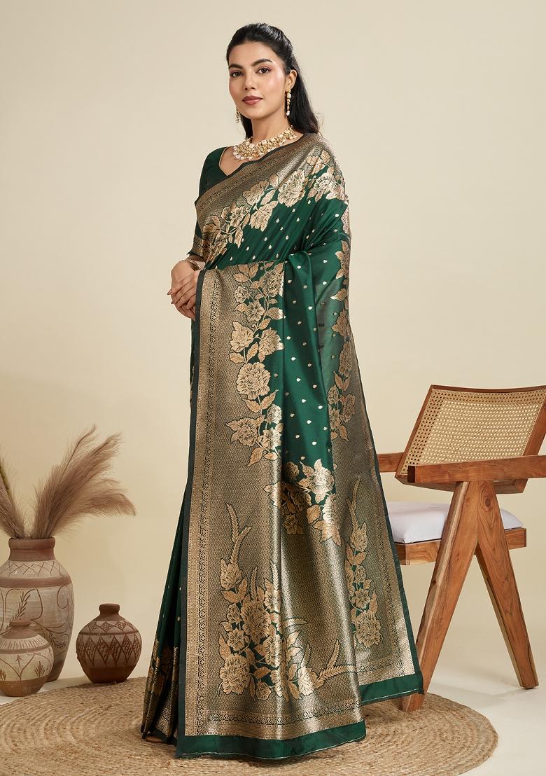 Green Woven Art Silk Saree Set - Indya