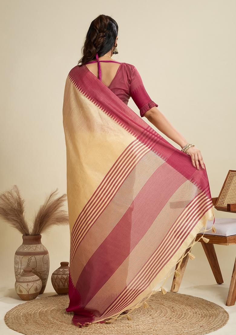 Cream Woven Art Silk Saree Set - Indya